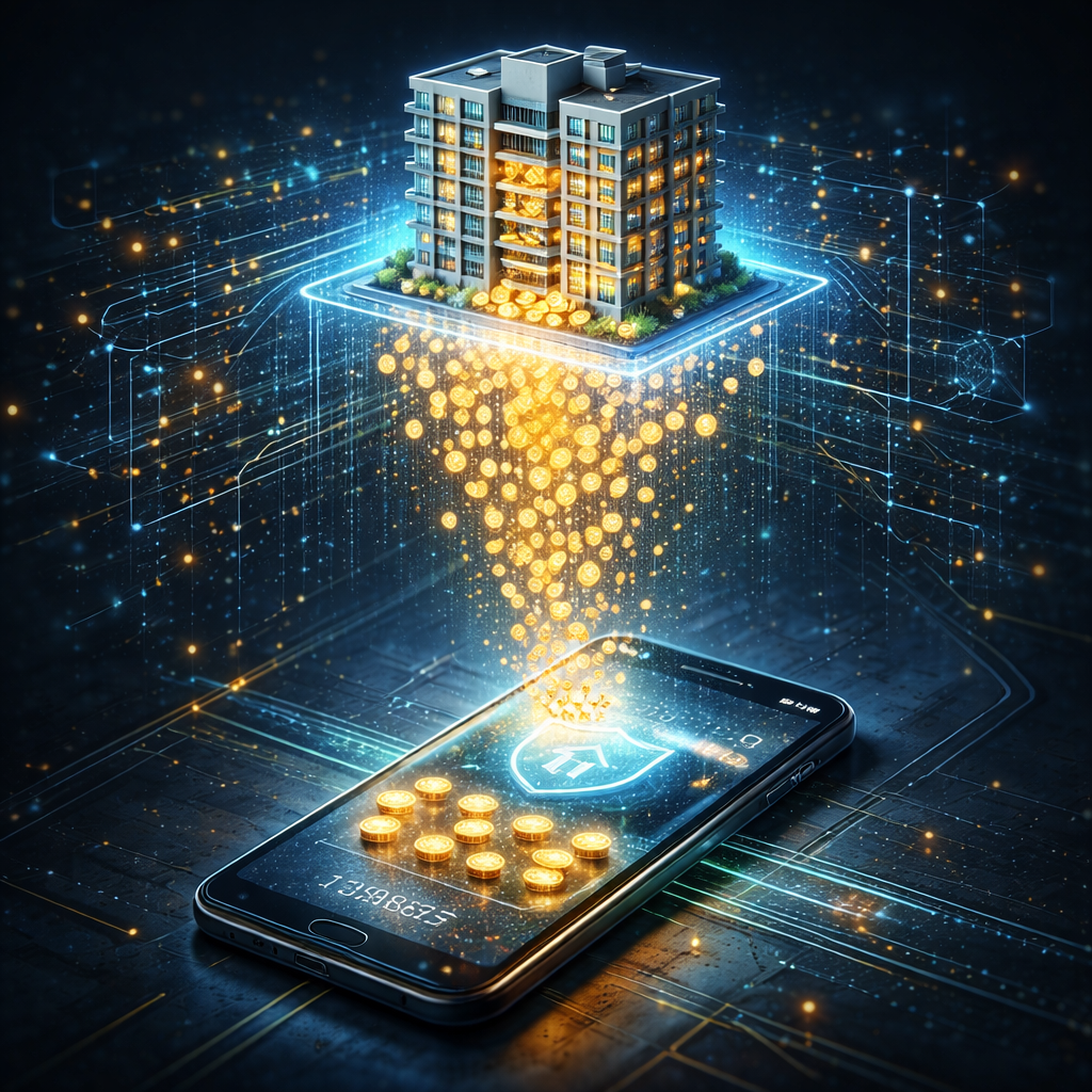 3D isometric visualization of fractional real estate ownership via tokenization for 2026.