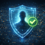 Futuristic translucent blue shield with a verified checkmark icon representing digital identity and ZK-proofs.