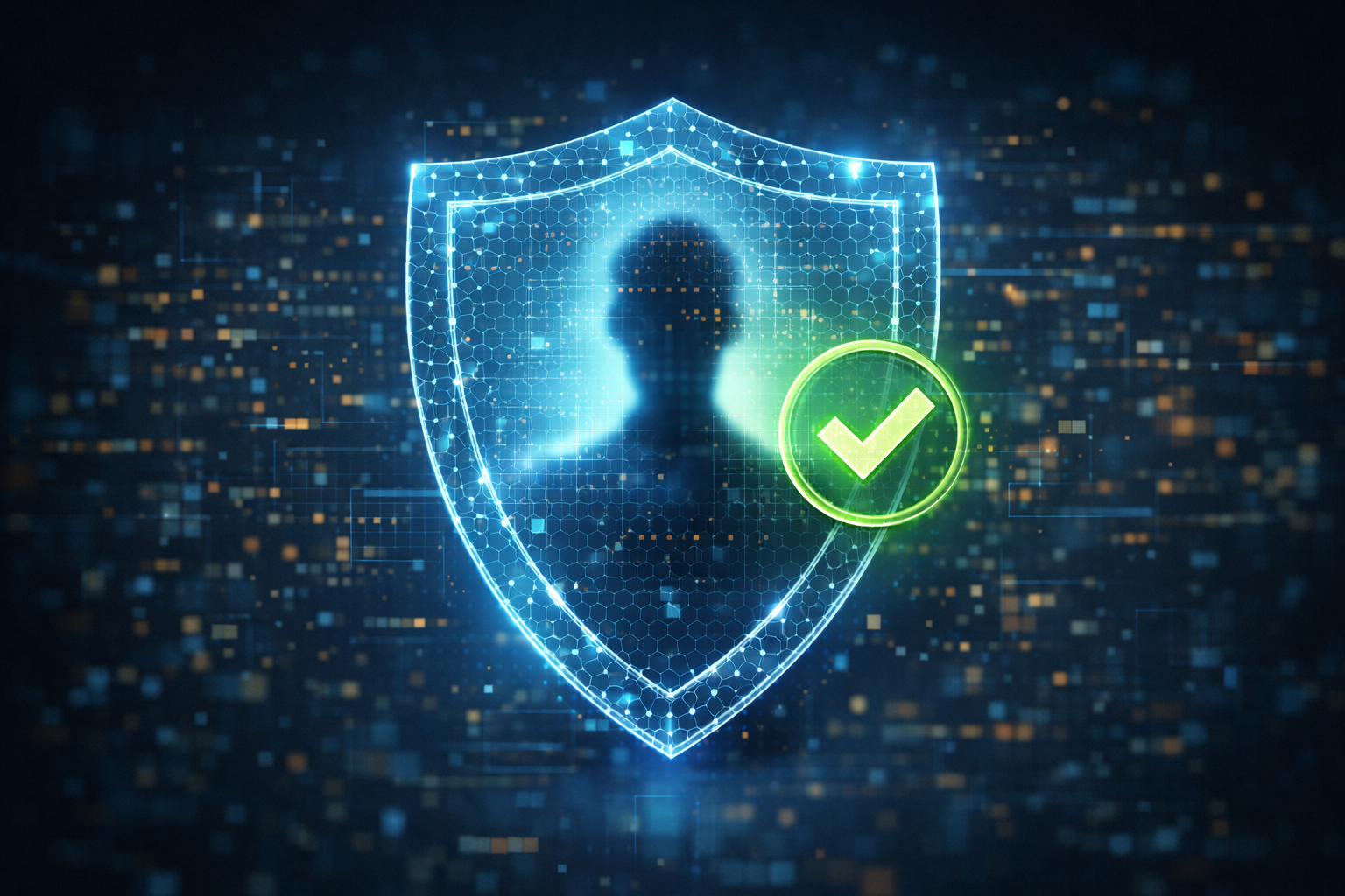 Futuristic translucent blue shield with a verified checkmark icon representing digital identity and ZK-proofs.