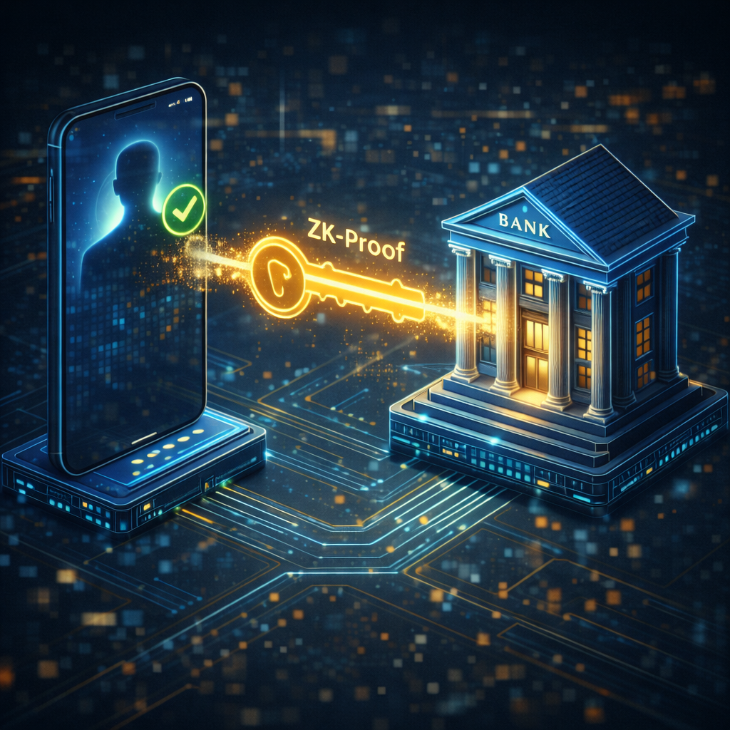 3D isometric diagram of a ZK-Proof identity verification between a user and a bank.