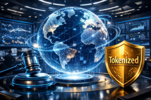 High-tech 2026 AI wealth management command center with 3D holographic data and tokenized assets.