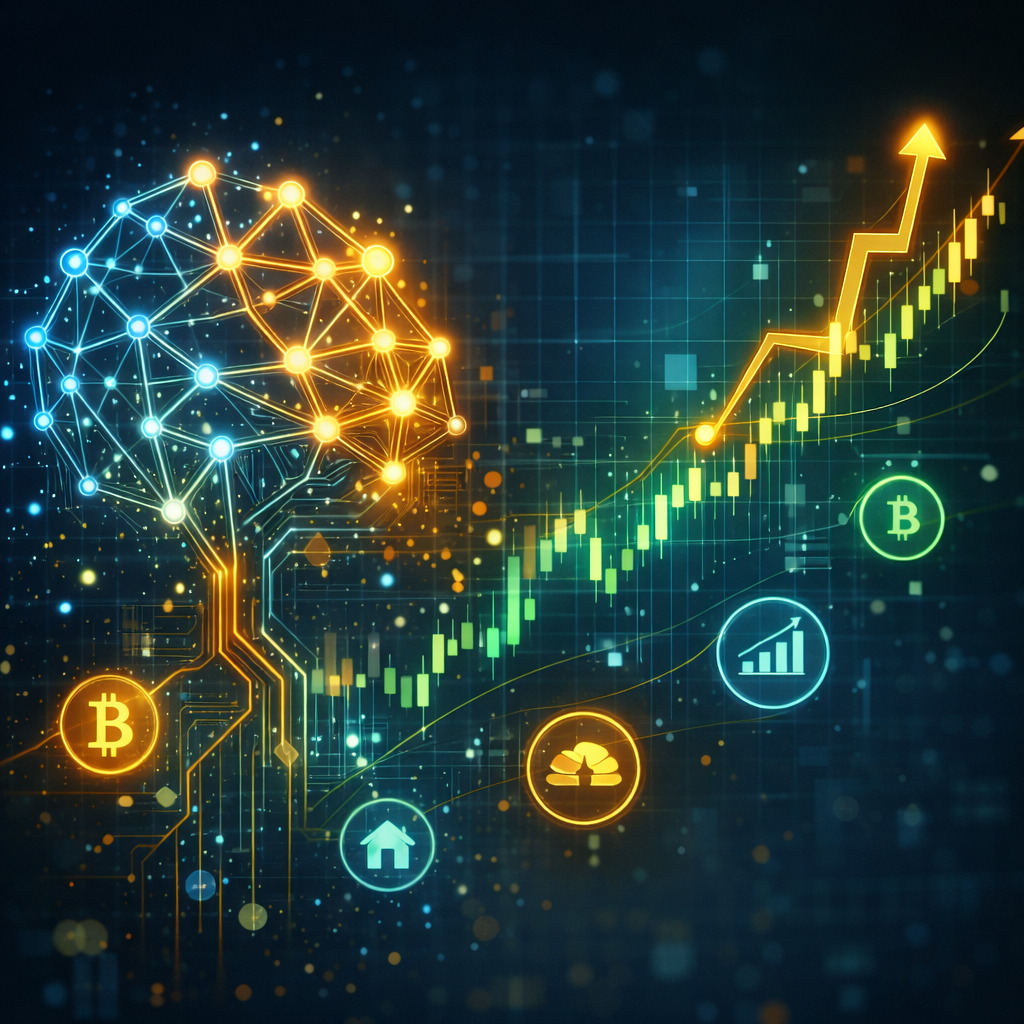 An abstract digital neural network visualization showing glowing data nodes connecting to an upward-trending financial growth graph and diversified asset icons.