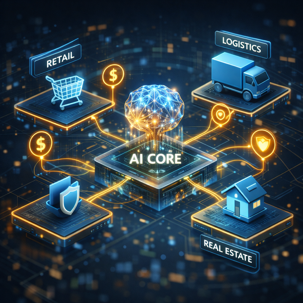 3D isometric diagram of an AI orchestration core connecting non-financial industries to embedded banking and insurance services.