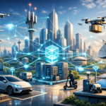 Futuristic DePIN city network with decentralized 6G towers and solar drones in a digital grid.