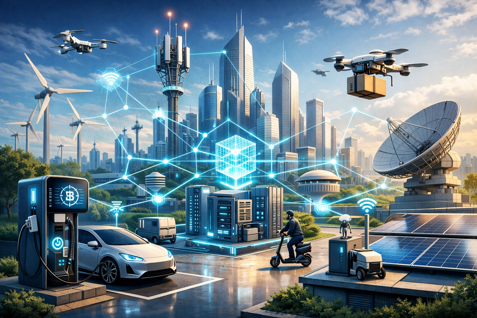 Futuristic DePIN city network with decentralized 6G towers and solar drones in a digital grid.